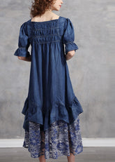 Vestido vaquero de algodón con cuello cuadrado azul único, de patchwork, encaje y manga corta
